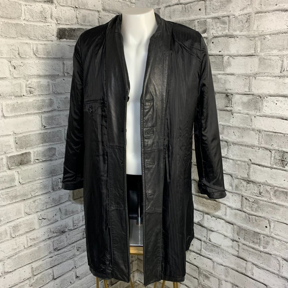 Vintage 90s Danier Black Leather Blazer Trench Coat Overcoat Longline Jacket - Picture 7 of 16